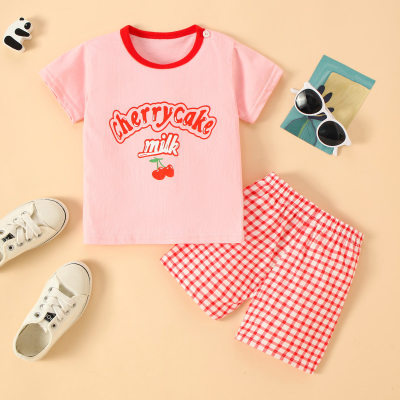 2-piece Toddler Girl Pure Cotton Letter and Cherry Printed Short Sleeve T-shirt & Plaid Shorts