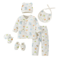 6pcs Baby Bear Printed Lace-up Top & Pants & Hat & Anti-scratch Gloves & Socks & Bib  Blue