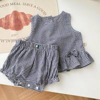 [Free shipping for two pieces, no refund] 0-2 years old summer girls sleeveless top plaid shirt shorts two-piece suit AT012  Blue