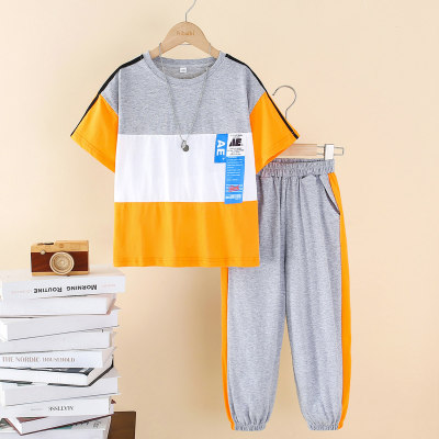 2-piece Kid Boy Color-block Patchwork Letter Printed Short Sleeve T-shirt & Matching Pants
