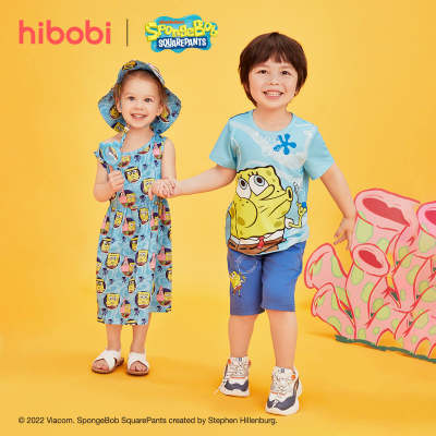 hibobi x SpongeBob - Camiseta de color de contraste con estampado informal para niños pequeños