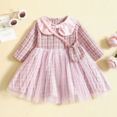 Toddler Plaid Bowknot Decor Lapel Dress