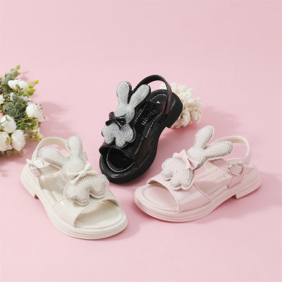Kid Girl Solid Color Bunny Decor Open Toed Velcro Sandals
