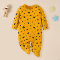 Baby Allover Printing Moon and Star Pattern Footed Long-sleeved Long-leg Romper  Yellow