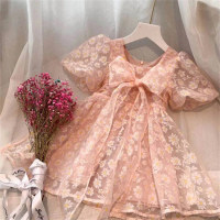 فستان صيفي جديد للفتيات مع ملابس وتنورة للأطفال بعقدة صغيرة وكبيرة  وردي 