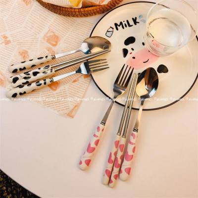 Cute cow imitation porcelain handle children's tableware spoon fork chopsticks three-piece set