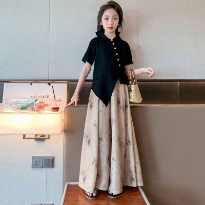 Girls' summer Chinese style trousers and skirts two-piece suits Western style little girl ink painting loose long pants slim top