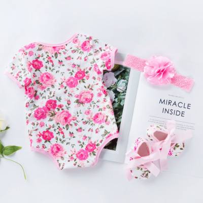 Baby jumpsuit summer short-sleeved romper shoes printed girls crawling suit