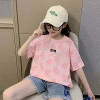 Girls T-shirt summer short-sleeved children's top half-sleeved loose 2023 new Korean style summer style big children's clothing trend  Pink