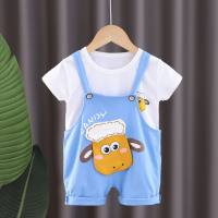 Summer new boys and girls solid color casual short-sleeved suits little sheep overalls baby summer two-piece suit  Blue