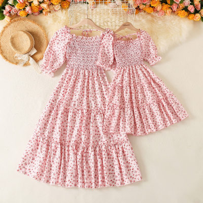 Mom Baby Clothes Floral Square Collar Puff Sleeve Dress