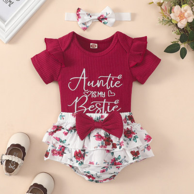 3-piece Baby Girl Ribbed Letter Printed Short Sleeve Romper & Allover Floral Printed Bowknot Decor Panty & Headwrap