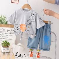 Boys Summer Suit 2023 New Cartoon Cute Short Sleeve Suit Small and Medium-sized Baby Summer Korean Style Two-piece Set  Gray
