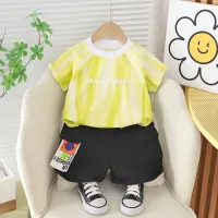 New style summer suit for baby boys, stylish one-year-old boy, summer handsome short-sleeved bamboo cotton print two-piece suit  Yellow