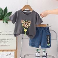 Boys summer suit 2024 new style baby short-sleeved cartoon summer clothes handsome children's clothes two-piece suit trendy  Gray