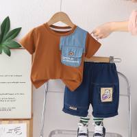 New handsome children's short-sleeved two-piece suits boys summer clothes stylish suits summer children's denim shorts clothes  Brown