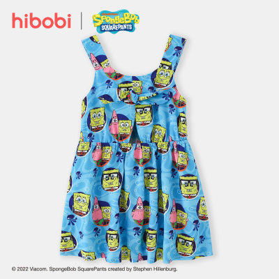 hibobi x SpongeBob Toddler Girls Cute Sweet  Printing Bow Knot Decor Sleeveless Dress