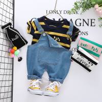 Children's suit boys and girls round neck striped short-sleeved denim overalls summer baby breathable casual two-piece suit  Black