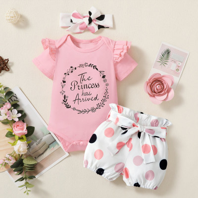 Baby Girl 3pcs Summer Pink Bodysuit And Polka Dot Print Shorts Set With Headband