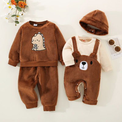 Brother and Sister Dinosaur Applique Plush Sweatshirt & Matching Pants & 2 in 1 Bear Style Patchwork Long-sleeved Long-leg Romper & Hat
