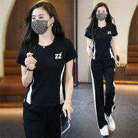 2PCS Casual Sports Suit Temperament Fashionable and Western Style Age-reducing Short-sleeved Wide-leg Pants Two-piece Set  Black