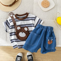 Infants and toddlers cute striped backpack short-sleeved tops children's clothing boys casual pants children's T-shirt two-piece set wholesale  Blue