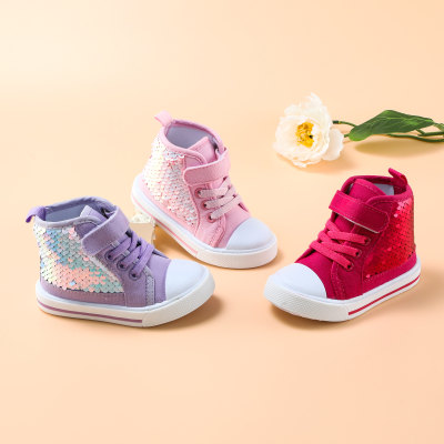 Zapatos de lona de velcro de caña alta con decoración de lentejuelas de color sólido para niña pequeña