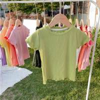 Camiseta de verano para niñas de estilo coreano de Color caramelo, ropa de verano sin mangas de encaje, camisetas versátiles con adornos de hongos para hermanas para niños  Verde