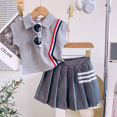 Summer girls gray high-end British college style lapel short-sleeved pleated skirt TX991