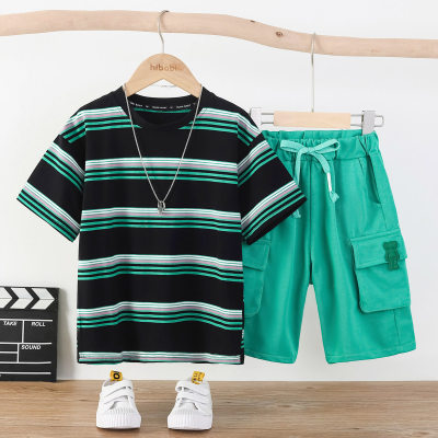 2-piece Kid Boy Color-block Striped Short Sleeve T-shirt & Solid Color Cargo Shorts