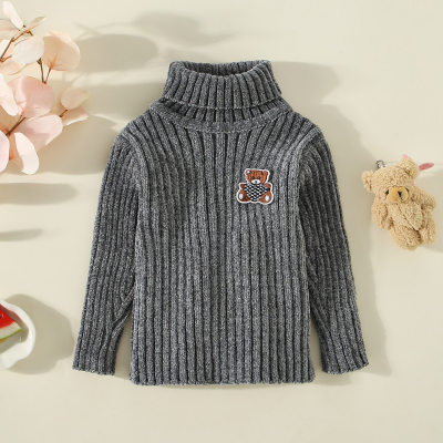 Toddler Boy Chenille Solid Color Bear Embroidered Turtle Neck Elasticized Knitted Sweater