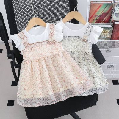 2024 verão novo estilo meninas vestido de manga curta vestido de princesa bebê menina estilingue falso vestido de duas peças