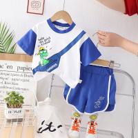 2023 New Boys Summer Clothes Children's Clothes for Small and Medium-sized Children Baby Cartoon Printed Round Neck Short Sleeve Shorts Suit Trendy Children's Clothes  Blue