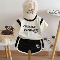 Boys summer suit baby short-sleeved two-piece suit stylish 2024 new letter block panda children's clothes trend  White