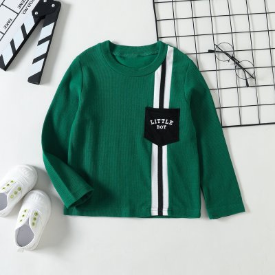Toddler Boy 100% Cotton Stripe Decor Letter Printed Pocket Front Long Sleeve T-shirt