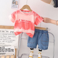 Boys summer short-sleeved suit 2024 new tie-dye Korean style T-shirt shorts two-piece set children's thin summer clothing trend 1  Red