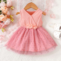 Baby Girl Texture Fabric 3D Flowers Cut Mesh Dress  Pink