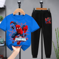 Ropa para niños Spider-Man, pantalones de manga corta, dos piezas, primavera y verano, nuevos trajes para niños, trajes para niños mayores, ropa para niños guapos, trajes de moda  Azul