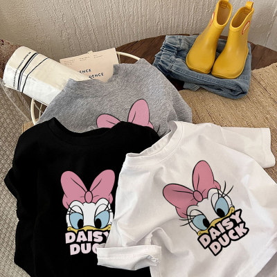 Pure cotton children's cute baby cartoon Daisy Duck short-sleeved T-shirt summer 2024 new style tops for small and medium-sized children and girls