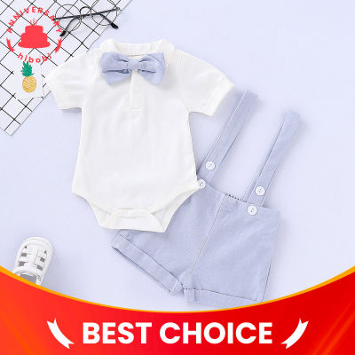 Baby Gentleman Bow Decor Bodysuit & Solid Color Overalls