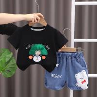 New style baby boy suit three-dimensional hat bear face short-sleeved suit trendy summer boy suit  Black