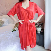 2-Piece Women Sexy Silk Solid Color Adult Pajamas Set  Red