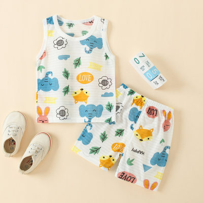 Toddler Boy Cotton Cartoon Animal Casual Tank Top & Shorts Pajamas