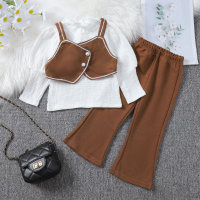 3-piece Toddler Girl Solid Color Top & Button Embellish Waistcoat & Solid Color Flare Pants  Brown