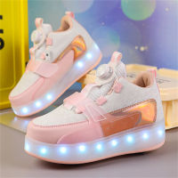 Children's four-wheel detachable lighted Heelys roller skates (with charging cable included)  Pink