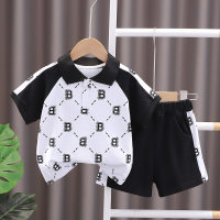 Comercio exterior 2023 nuevo estilo coreano verano casual niños bebé niño manga corta traje con estampado completo traje casual de moda para niños  Negro