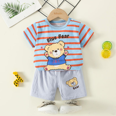 2-piece Toddler Boy Pure Cotton Striped Bear and Letter Printed Short Sleeve T-shirt & Matching Shorts