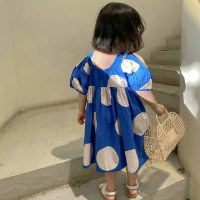 Girls' skirt large polka dot puff sleeves princess dress  Blue