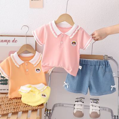 Summer new style girls lapel Polo shirt short-sleeved suit baby girl casual denim shorts two-piece trendy set