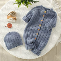 Baby Knitwear Solid Color Long-sleeved Long-leg Romper & Hat  Blue